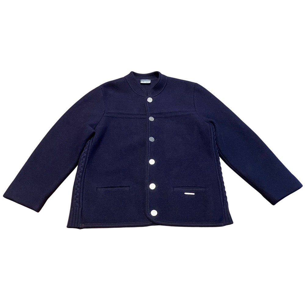Sigi Scheiber Austrian Wool Cardigan Jacket Navy Blue Tyrolean Crest Button 52